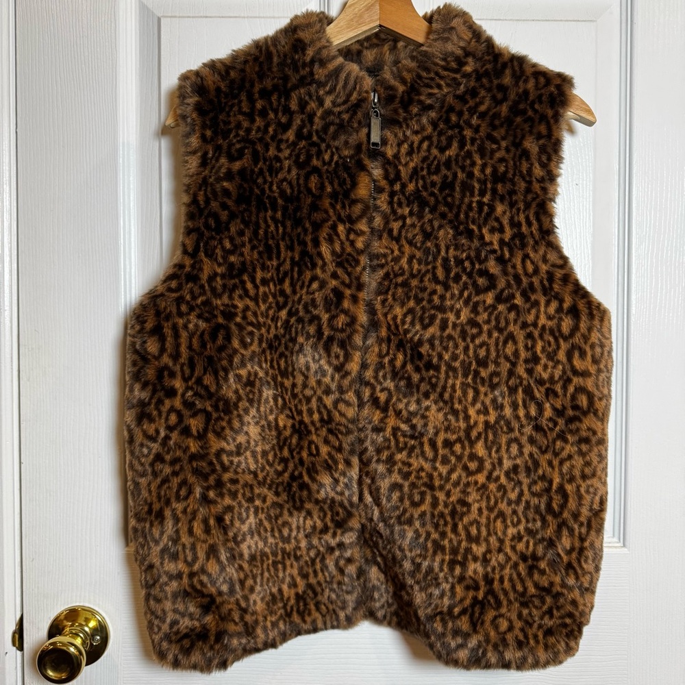 Designers Originals Faux Fur Leopard Vest Petite PXL Brown Zip Front